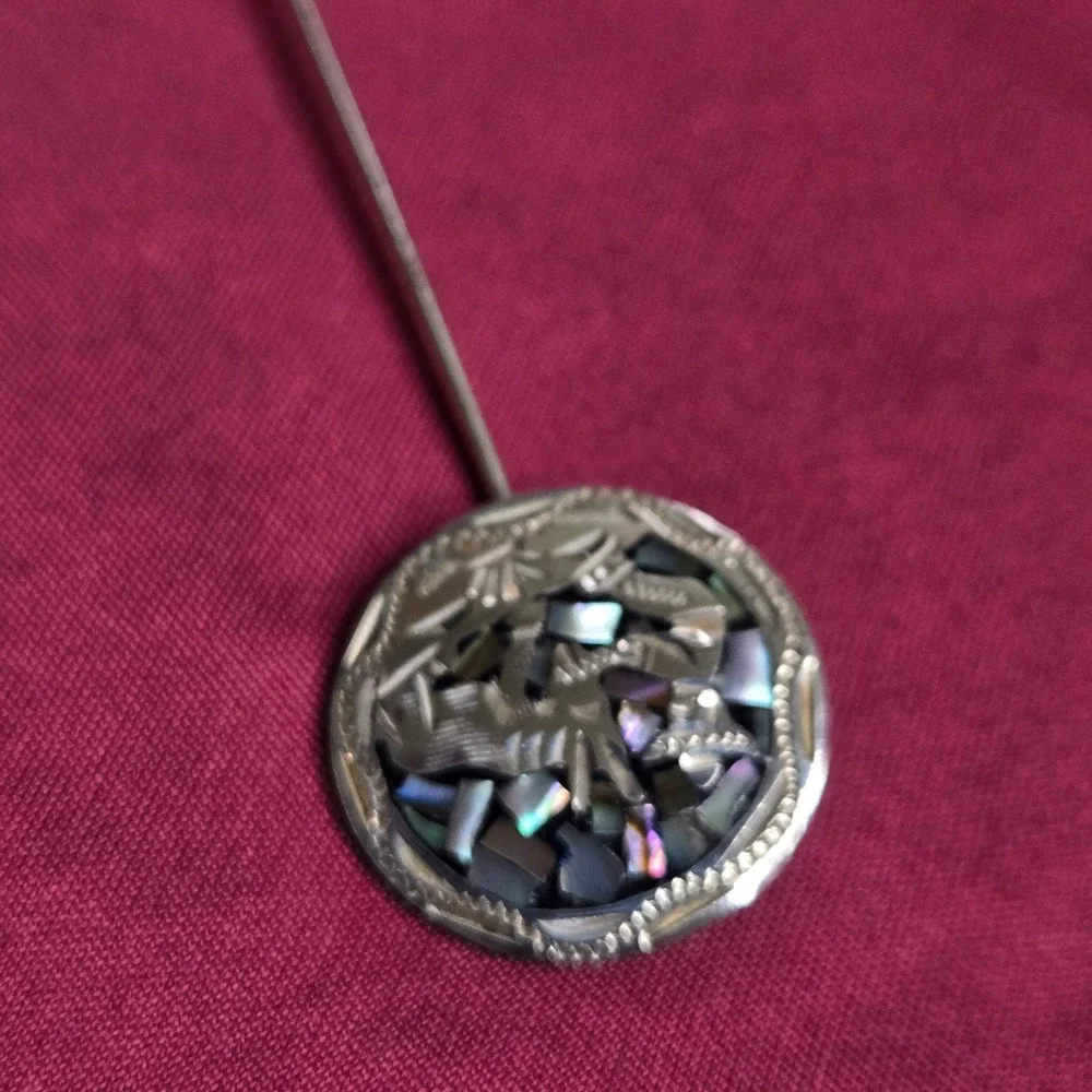 Vintage Abalone Inlay Stick Pin Sterling Silver 925 Long Brooch Clasp GC01 3G
